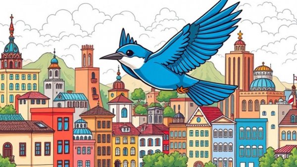 Illustrated blue bird, Endangered Species Act Challenges theme, vibrant cityscape