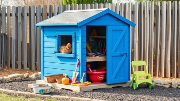 Homemade chicken coop conversion project filled with toys and tools.