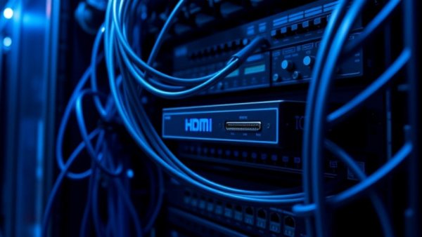 Network rack with large-scale 8K HDMI tester and cables.