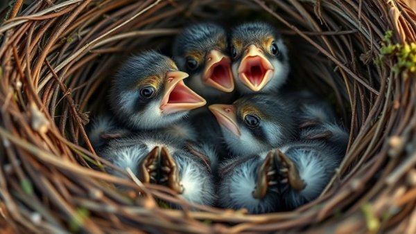Baby birds in a nest with open beaks, H5 bird flu Los Angeles County.