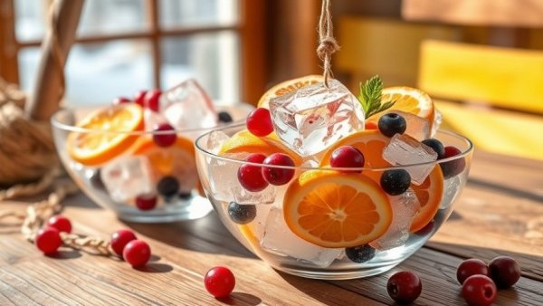 Colorful ice suncatchers with citrus and berries on a wooden table for winter.
