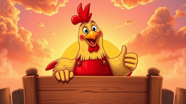 Cartoon chicken wearing apron smiling with vibrant sunrise.