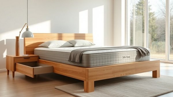 Silk & Snow mattress on wood frame, bright airy room.