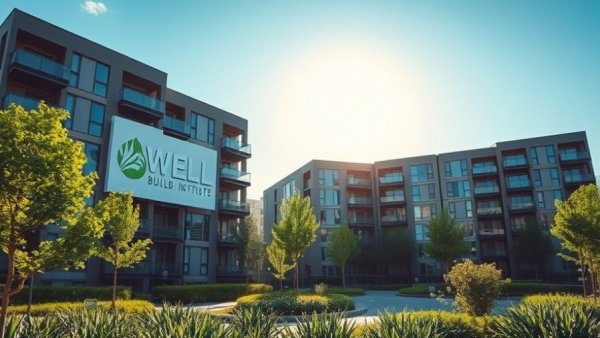 WELL Building Standard logo on modern buildings in lush setting