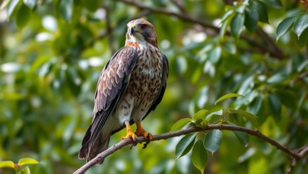 Regal grey hawk perched on a leafy branch, lush greenery.