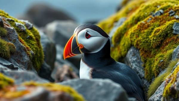 Vibrant puffin in winter resting among mossy rocks