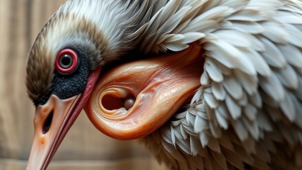 Detailed close-up of a prolapsed phallus in a drake against a wooden backdrop.