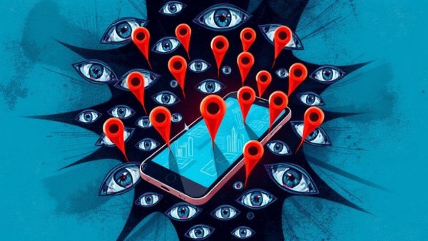 Surveillance-themed artwork with phone and eyes symbolizing FTC ban on stalkerware.
