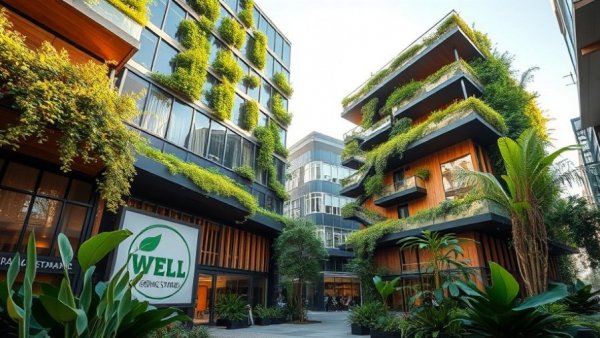 Modern eco-friendly buildings with WELL standard logo.