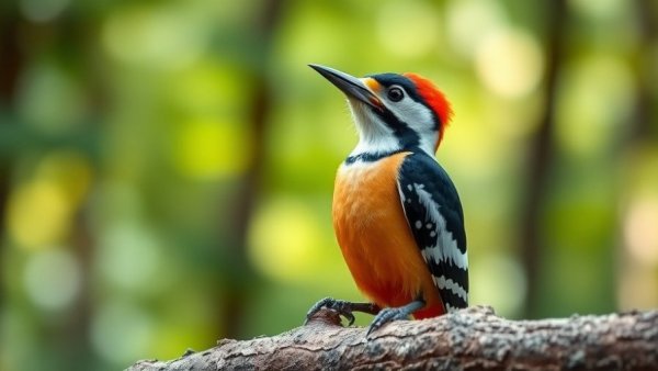 Woodpecker on a branch, serene posture, forest background.