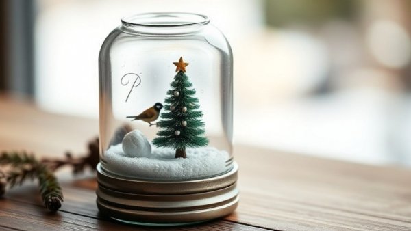 Charming Mason jar snow globe with a miniature Christmas scene.