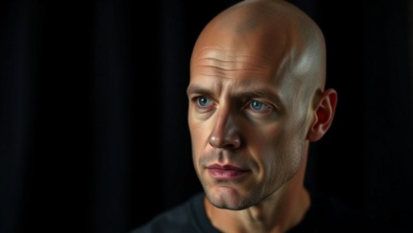Dramatic portrait of a thoughtful man with a dark backdrop.