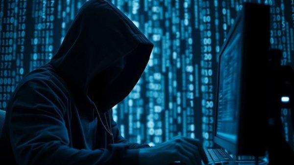 Digital matrix with hooded figure symbolizing React2Shell cybersecurity threats.