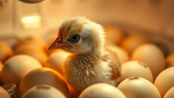 Chick malpositioning during hatching in an incubator with warm lighting.