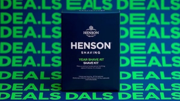 Henson Shaving 2-Year Shave Kit packaging on green deals background.