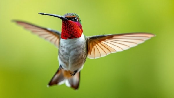 Hummingbird with red throat in mid-flight against green background.