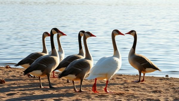 Geese by lakeside reflecting on avian flu precautions.