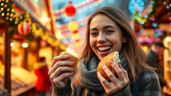 Joyful woman at neurodivergent-friendly Christmas market enjoying a sandwich.