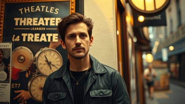 Rajiv Joseph revisiting his past in front of a theater poster.
