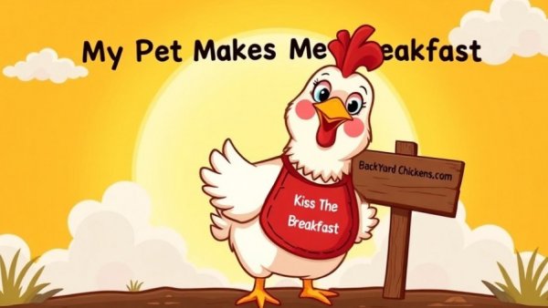 Cartoon chicken with apron promoting backyard chickens.