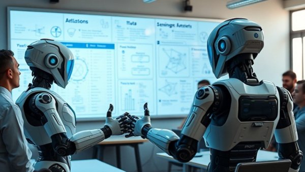 AI Integration in Enterprise setting with robots and employees.