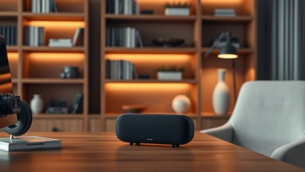 WiiM Sound Lite on a minimalist desk with bookshelf background.