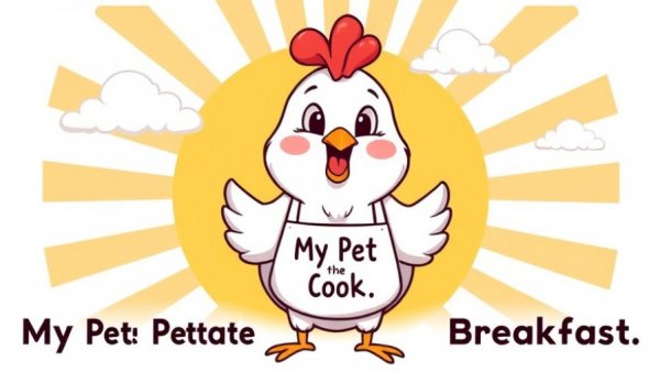 Cartoon chicken in apron with playful text and sunburst background.