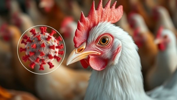 Chickens in a farm with virus inset highlighting bird flu resistance.