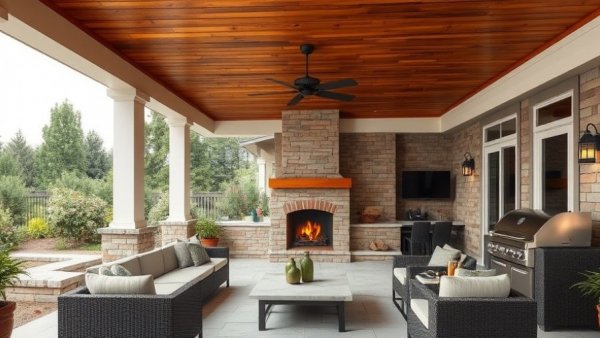 Elegant wooden patio cover for winter entertaining with cozy seating.