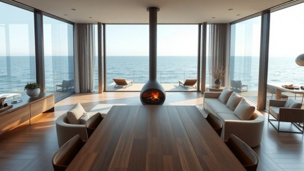 Minimalist coastal living room showcasing modern architecture.