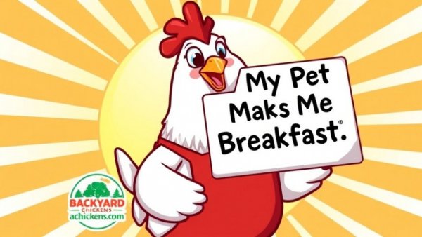 Cartoon chicken in apron with sunny background and BackyardChickens.com logo.