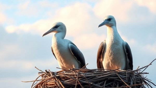 Seabirds on a nest against a soft sky, part of coral ecosystems.