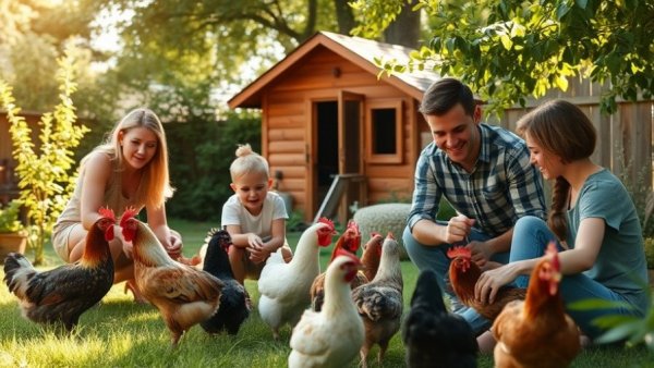 Family caring for backyard chickens, showcasing daily routines.
