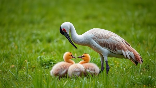 Sandhill crane nurturing its chicks in a green field.