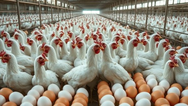 Chickens packed in cages amid eggs, Texas bird flu case 2025.