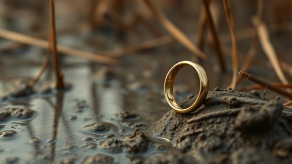 Golden wedding ring shimmering in a swamp environment.