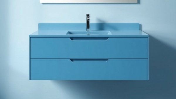 Space-Saving Bathroom Vanities in blue, sleek design, wall-mounted.