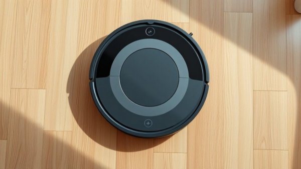 Sleek robotic vacuum on wood floor, symbolizing iRobot bankruptcy.