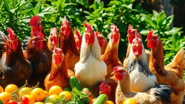 Chickens enjoying summer treats in a sunny garden.