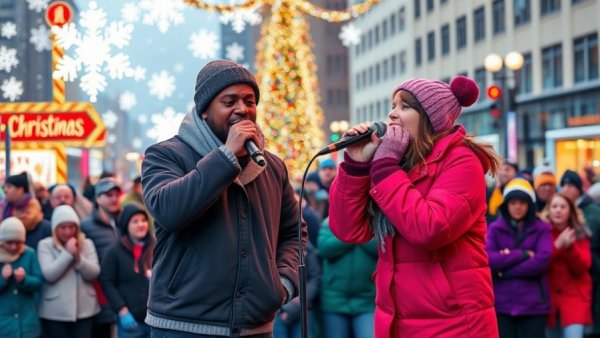 Christmas Song performance from Elf the Musical outdoors with festive backdrop.
