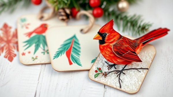 Recycle Christmas cards into gift tags featuring a red cardinal on snow.