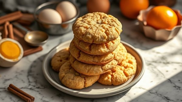 Stack of freshly baked spiced egg yolk cookies with ingredients.