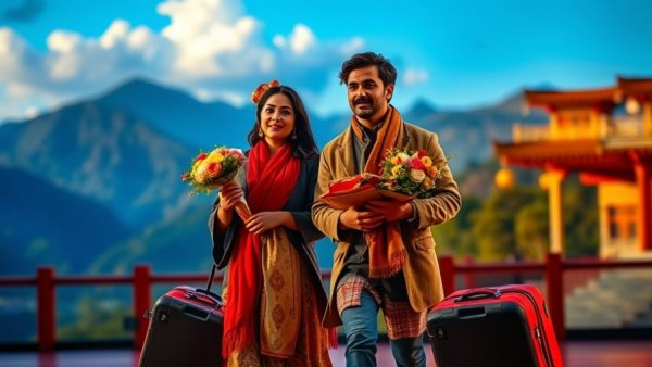 K-Musicals on Broadway scene featuring actors with luggage and flowers.