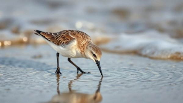 Sanderling feeding at the beach shore, probing wet sand.