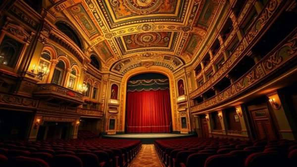 Ornate theatre interior with a grand stage under warm lighting, evoking the ambiance of the San Francisco Curran Theatre.