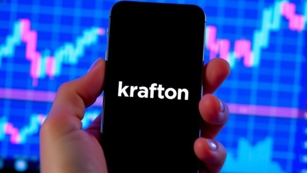 Krafton logo on smartphone with stock charts, reflecting investment theme for Krafton Unicorn Growth Fund India.