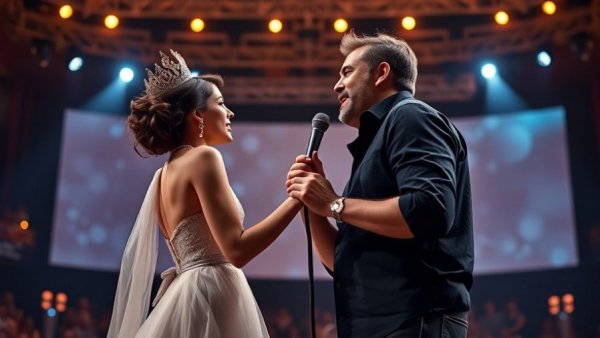 Elegant duet with performers on stage under warm lighting.