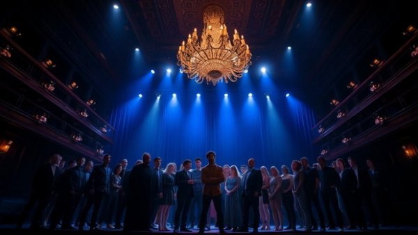 Immersive Phantom of the Opera production cast under grand chandelier on stage.