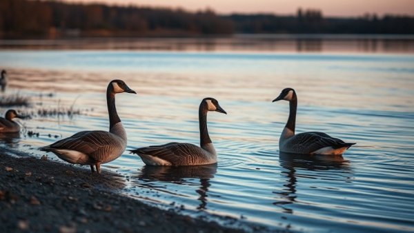 Canadian geese by a lake at dusk in the Texas Panhandle