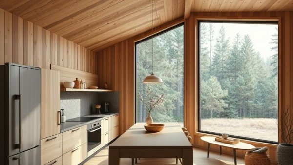 Minimalist cabin interior with natural wood paneling and large window overlooking nature.